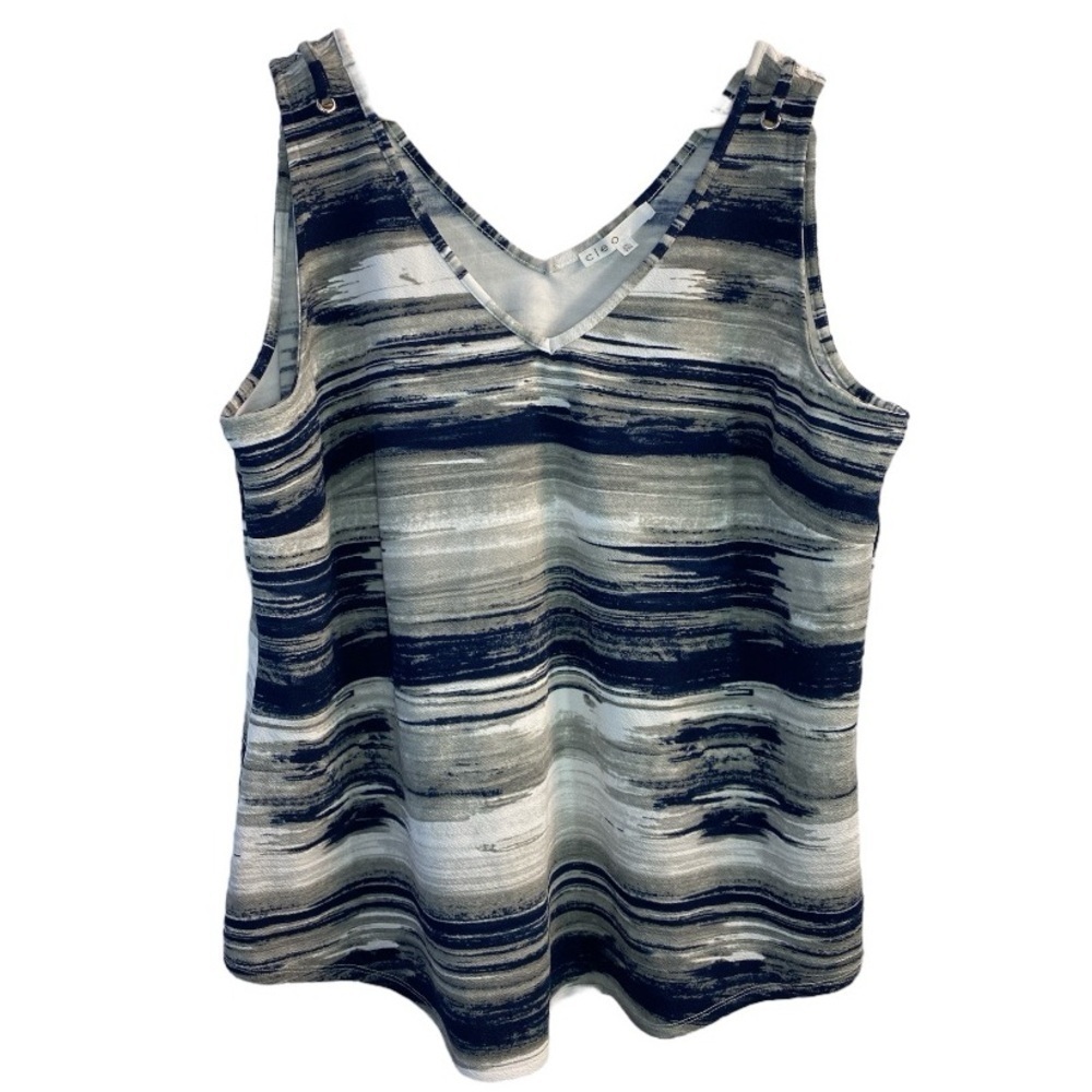 Cleo Sleeveless V Neck Top Navy Blue White Grey Size XXL